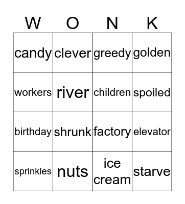 Charlie & the Chocolate Factory Bingo Card