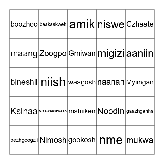 Anishinaabemowin Bingo Card