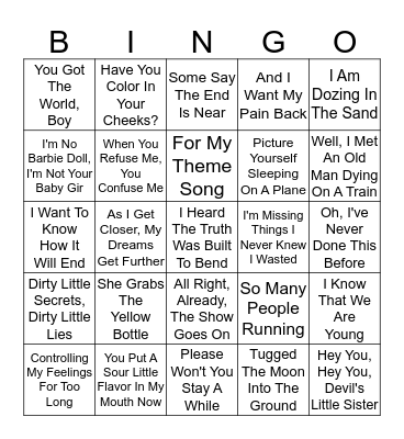 Random Song Lyrics 5 Bingo Card
