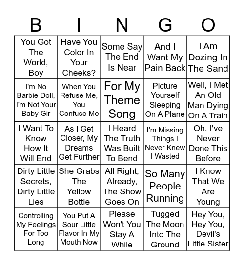 Random Song Lyrics 5 Bingo Card