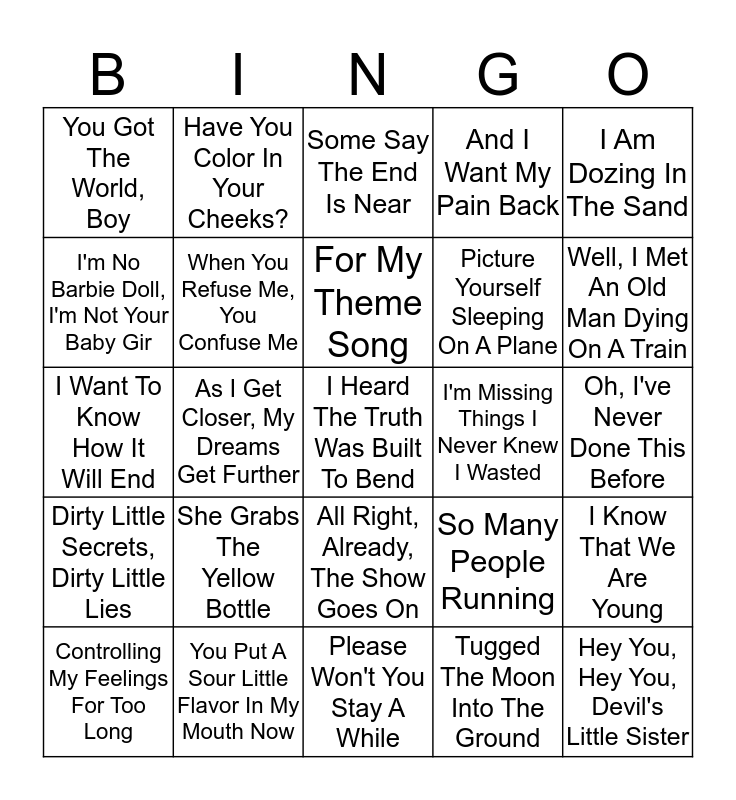 Random Song Lyrics 5 Bingo Card