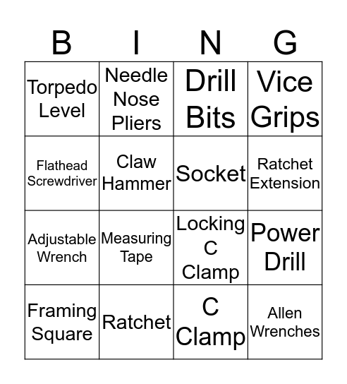 Tool Identification Bingo Card