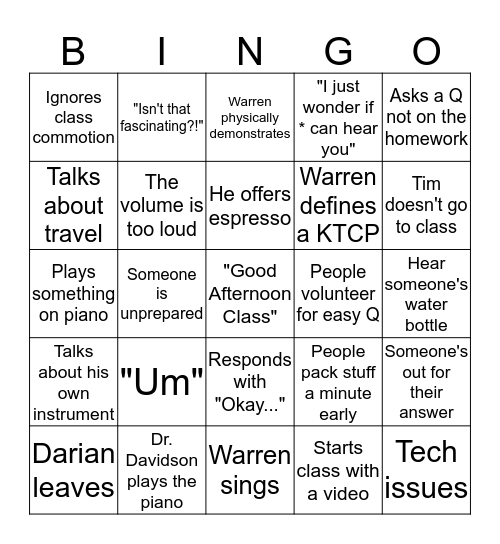 History Class Bingo Card