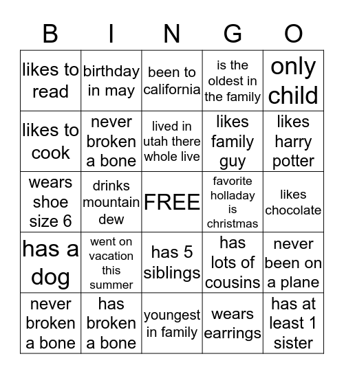 get to know you Bingo Card