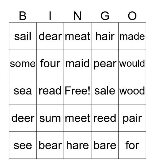 Homophone Bingo Card