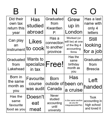 G-Dip Orientation Bingo Card