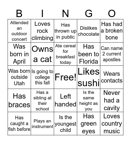 Founder's Park 2nd Ward Young Women's Bingo Card