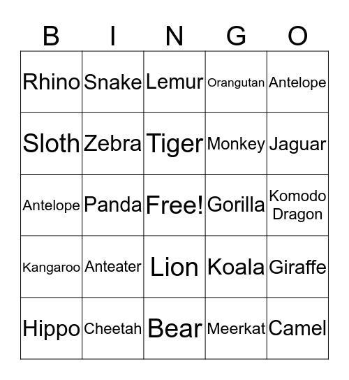 ZOO TIME Bingo Card