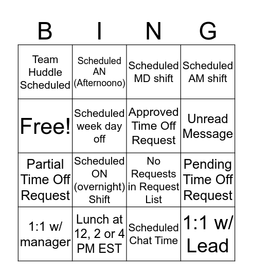 Work Force Management Bingo Card