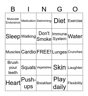 Healthy Living Bingo Card