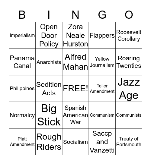 Miami Central -US History Vocabulary Review Bingo Card