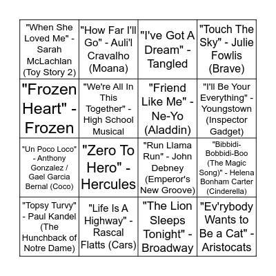 Disney Round 1: Regular Bingo Card