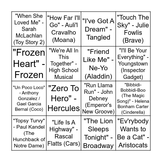 Disney Round 1: Regular Bingo Card