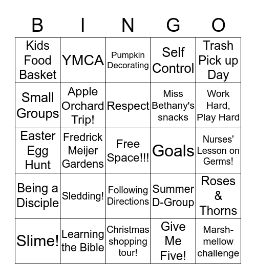 Family Meal Spring 2019 Bingo Card