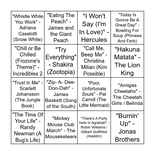 Disney Round 2: Picture Frame Bingo Card