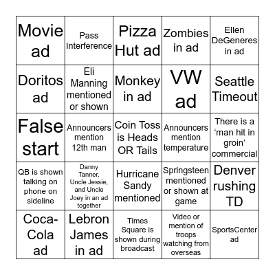 Super Bowl Bingo Card