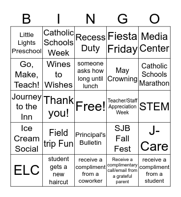SJB Teacher / Staff Appreciation Bingo Card