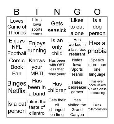 OBT Get to Know Me Bingo Card