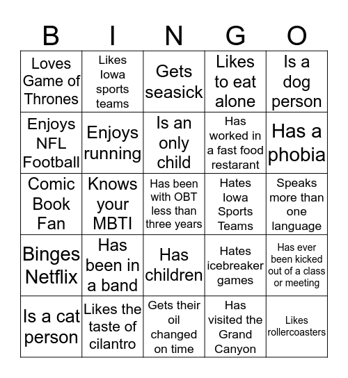 OBT Get to Know Me Bingo Card