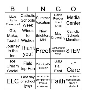 SJB Teacher / Staff Appreciation Bingo Card