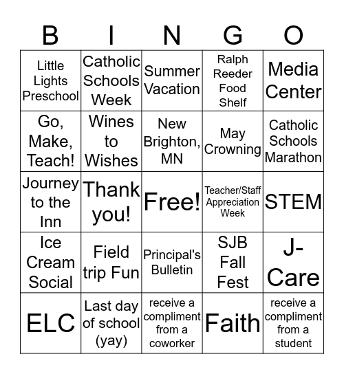 SJB Teacher / Staff Appreciation Bingo Card