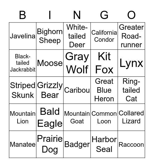 North American Wildlife Bingo Card