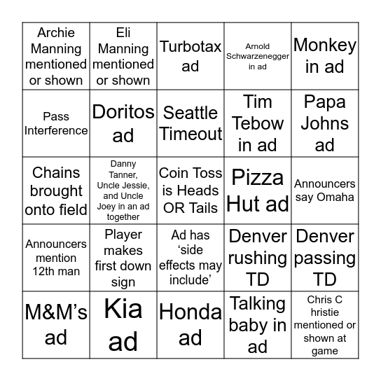 Super Bowl Bingo Card