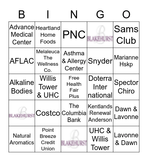 Health Fair 5/3/19 Bingo Card