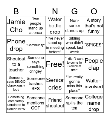 SENIOR BINGO!! CLASS OF 2019!! Bingo Card