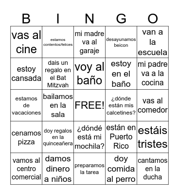 DAR, IR, ESTAR and plain old AR verbs  Bingo Card