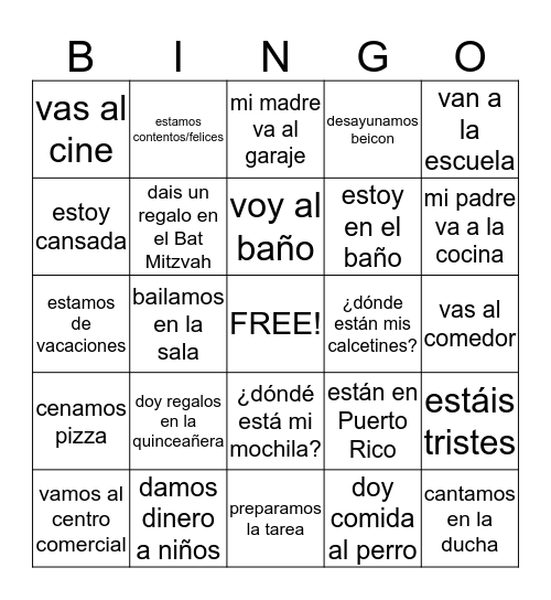 DAR, IR, ESTAR and plain old AR verbs  Bingo Card