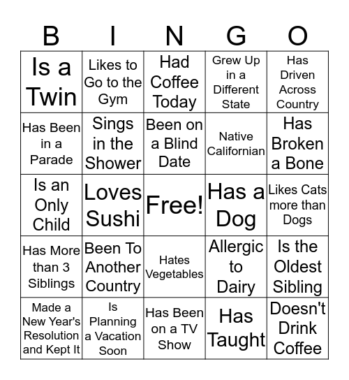 Get To Know You BINGO Card