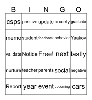 Staff Meeting Bingo Card