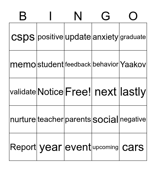 Staff Meeting Bingo Card