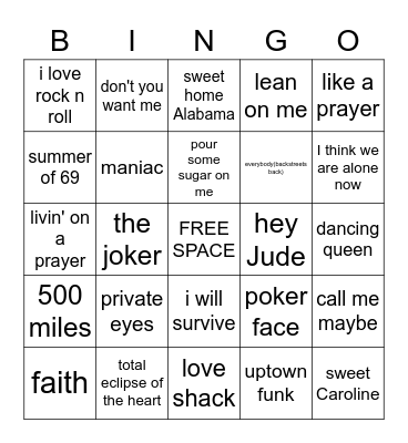 ROCK N ROLL bingo DARE YOU NOT TO SING SONGS Bingo Card