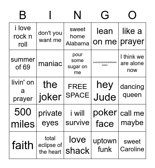 ROCK N ROLL bingo DARE YOU NOT TO SING SONGS Bingo Card