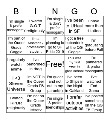 Queer Grads Bingo! PRIZES for five-in-a-row! Get folx to sign boxes that are true for them. (No multiple signatures) Bingo Card