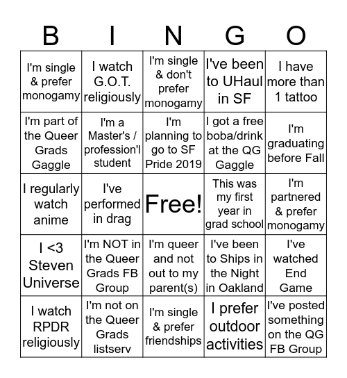 Queer Grads Bingo! PRIZES for five-in-a-row! Get folx to sign boxes that are true for them. (No multiple signatures) Bingo Card