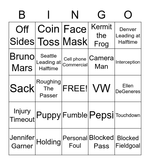 SUPERBOWL BINGO 2014 Bingo Card