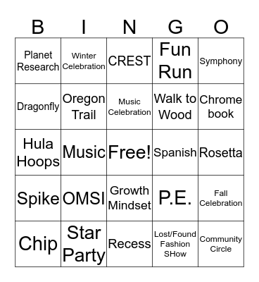 5th Grade Bingo Card