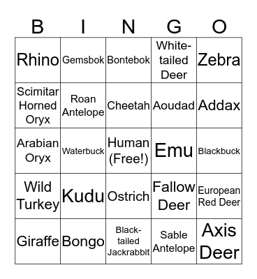 Fossil Rim Wildlife Center BINGO! Bingo Card