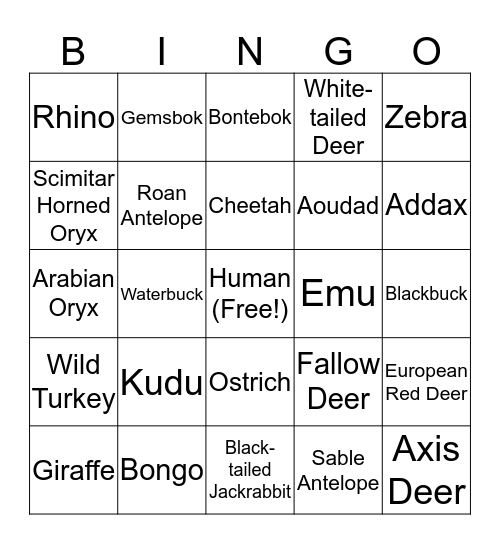 Fossil Rim Wildlife Center BINGO! Bingo Card