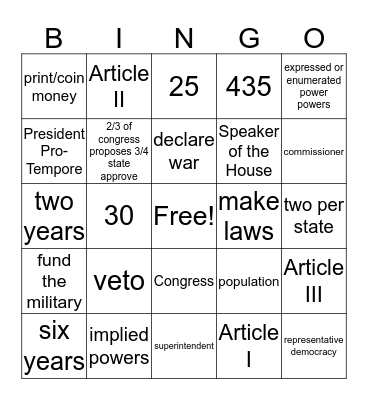 Legislative Branch Bingo Card
