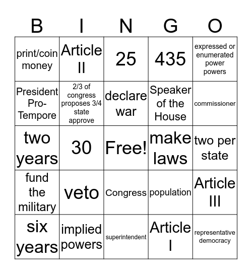Legislative Branch Bingo Card