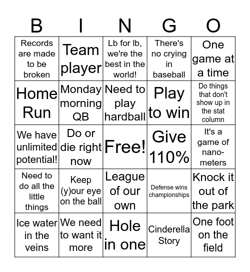 Sports Cliche Bingo Card