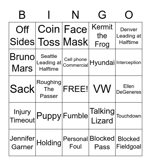 SUPERBOWL BINGO 2014 Bingo Card