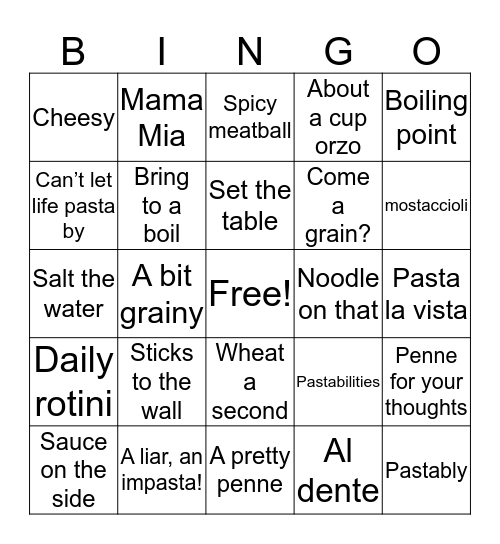 Pasta Bingo Card