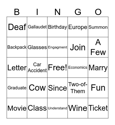 American Sign Language 1 Bingo Card