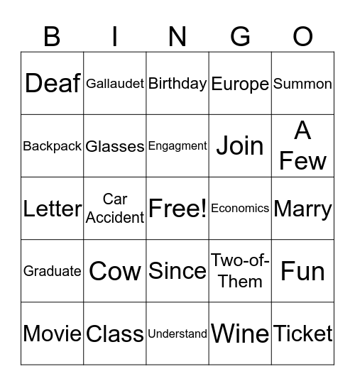 American Sign Language 1 Bingo Card