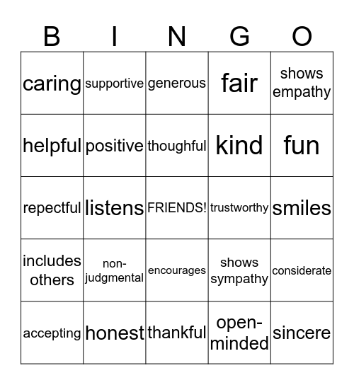 Friendship qualities Bingo Card